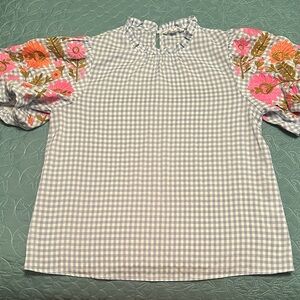 THML Blue Gingham Top with Pink Floral Puff Sleeves